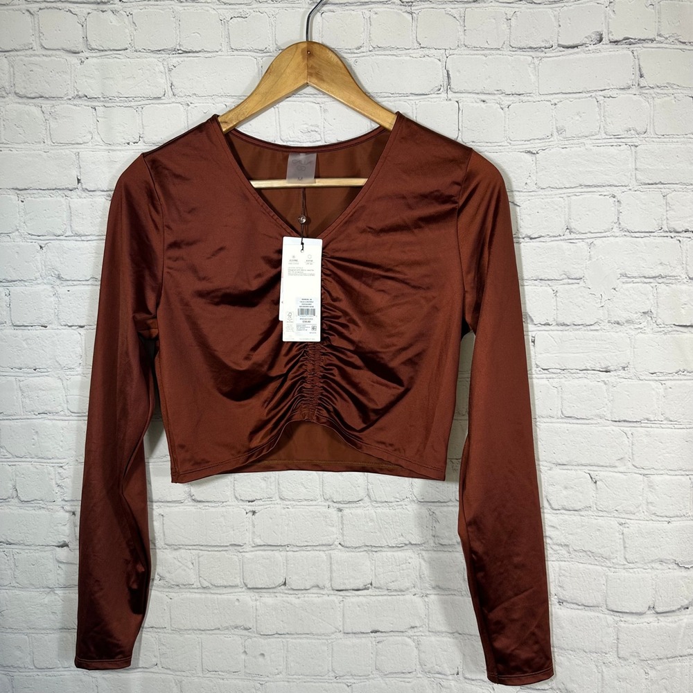 CALIA Womens Ruched Rashguard Long Sleeve Red Brown Shine UPF 50+ Medium